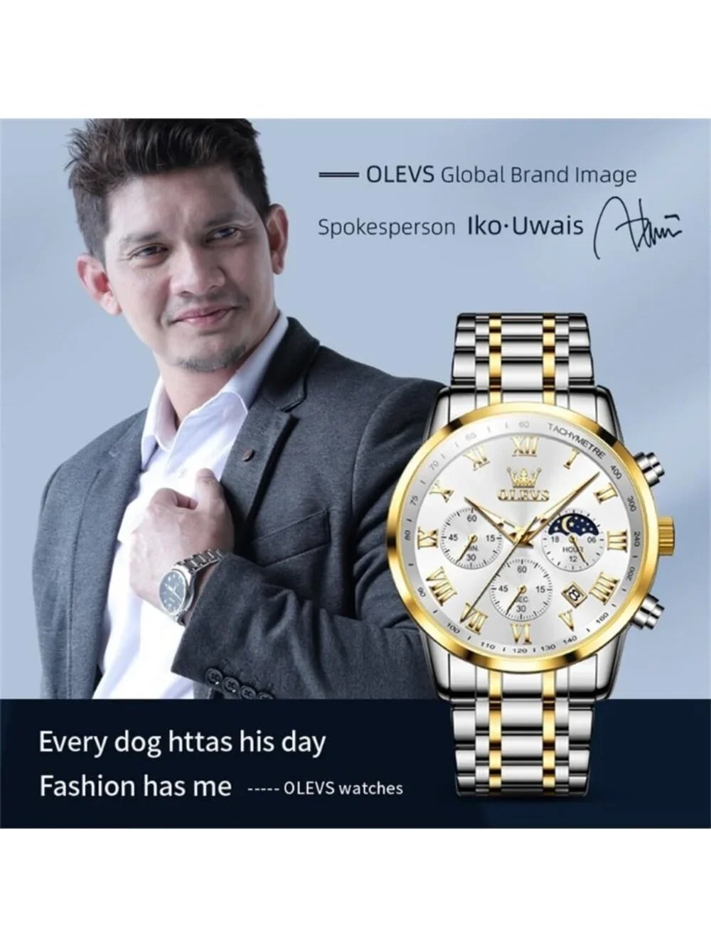 Olevs Men's Silver Gold Multifunction White Face Waterproof Chronograph Watch